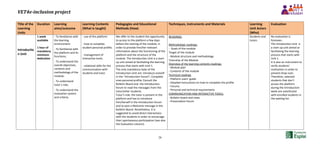 VET4e-inclusion project
28
Title of the
Learning
Units
Duration Learning
aims/outcome
Learning Contents
(What is taught)
Pedagogies and Educational
Methods (How)
Techniques, Instruments and Materials Learning
Unit Actors
(Who)
Evaluation
Introductio
n Unit
1 week
available
1 hour of
mandatory
minimum
dedication
- To familiarize with
the learning
environment:
- To familiarize with
the platform and its
functions;
- To understand the
overall objectives,
contents and
methodology of the
module;
- To understand
tutor's role;
- To understand the
evaluation system
and criteria.
- use of the platform
- how to complete
student personal profile;
- management of
interactive tools;
- relational skills for the
communication with
students and tutor.
We offer to the student the opportunity
to access to the platform a few days
before the starting of the module, in
order to provide him/her relevant
information about the functioning of the
platform and the structure of the
module. The Introduction Unit is a start-
up unit aimed at facilitating the learning
process that starts with Unit 1.
The only mandatory tasks of the
Introduction Unit are: Introduce oneself
in the “Introduction Forum”; Complete
ones personal profile; Consult the
Bulletin Board and the Introduction
forum to read the messages from the
tutor/other students.
Tutor's role: the tutor is present in the
platform and has to introduce
him/herself in the Introduction forum
and to post a Welcome message in the
Bulletin Board. Nonetheless, it is
suggested to avoid direct interactions
with the students in order to encourage
their spontaneous participation (see also
the Evaluation column).
READINGS:
Methodologic readings:
- Goals of the module
Target of the module
- Module structure and methodology
Tutorship of the Module
Overview of the learning contents readings:
- Module plan
- Contents of the module
Technical readings
- Platform users' guide
- Detailed instructions on how to complete the profile
- Forums
- Personal and technical requirements
COMMUNICATION AND INTERACTIVE TOOLS:
- Bulletin board and news
- Presentation forum
Students and
tutors
No evaluation is
foreseen.
The Introduction Unit is
a start-up unit aimed at
facilitating the learning
process that starts with
Unit 1.
It is also an instrument to
verify students'
motivation in order to
prevent drop-outs.
Therefore, selected
students that don't
access the platform
during the Introduction
week are substituted
with enrolled students in
the waiting list.
 