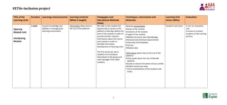VET4e-inclusion project
2
Title of the
Learning Units
Duration Learnings aims/outcome Learning Contents
(What is taught)
Pedagogies and
Educational Methods
(How)
Techniques, Instruments and
Materials
Learning Unit
Actors (Who)
Evaluation
Opening
Module Unit
Introducing
Module
1 week Acquire knowledge and
abilities in managing the
learning environment
Information about how to
the use of the platform.
We offer to the student the
opportunity to access to the
platform a few days before the
start of the module in order to
provide him/her relevant
information about the course
and module in order to
facilitate the further
development of learning units.
The first action we ask to
students is to introduce
themselves to the group and
read messages from other
students.
Modules presentation:
Goals of the module.
Contents of the module.
Target of the module.
Module structure and methodology
Personal and technical requirements
Tutorship of the Module
Forums
Module plan
Information about how to the use of the
platform.
Short guide about the Use of Moodle
platform.
Guide to retouch the photo of your profile.
Bulletin board and news
 Forum presentation of the students and
tutors
Students and tutors It isn’t an evaluation
unit.
It serves to connect
students to the training
process.
 