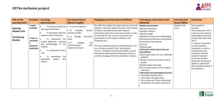 VET4e-inclusion project
51
Title of the
Learning Units
Duration Learnings
aims/outcome
Learning Contents
(What is taught)
Pedagogies and Educational Methods Techniques, Instruments and
Materials
Learning Unit
Actors (Who)
Evaluation
Opening
Module Unit
Introducing
Module
1 week
available
1 hour of
mandator
y
minimum
dedication
 To familiarize with the
learning environment:
 To familiarize with the
platform and its functions;
 To understand the
overall objectives, contents
and methodology of the
module;
 To understand tutor's
role;
 To understand the
evaluation system and
criteria.
 To use the platform
 To complete student
personal profile;
 To manage interactive
tools;
 To manage the
communication with
students and tutor.
We offer the student the opportunity to access the
platform a few days before the start of the module
in order to provide him/her with relevant
information about the course and module in order
to facilitate his / her access to resources and
participation in the module activities in the
following units.
The only mandatory tasks of the Introduction Unit
are: Introduce oneself in the “Introduction
Forum”; Complete ones personal profile; Consult
the Bulletin Board and the Introduction forum to
read the messages from the tutor/other students.
Module presentation:
Module objectives.
Module contents.
Module target.
Module structure and methodology
Personal and technical requirements
Tutorship of the Module
Forums
Module plan
Information about how to the use
the platform:
Short guide about the Use of Moodle
platform.
Guide to retouch the photo of your
profile.
Bulletin board and news
Forum presentation of the students
and tutors
Informative and participative forums:
o The Bulletin Board (tutor’s
informative messages only)
o The Introduction Forum (interactive
introduction of students and tutor)
o
Students and
tutors
No evaluation is
foreseen.
The Introduction Unit is
a start-up unit aimed at
facilitating the learning
process that starts with
Unit 1.
It is also an instrument
to check students'
motivation in order to
prevent drop-outs.
Therefore, selected
students that don't
access the platform
during the Introduction
week are substituted
with enrolled students in
the waiting list.
 