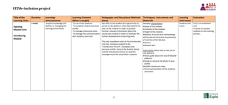 VET4e-inclusion project
57
Title of the
Learning Units
Duration Learnings
aims/outcome
Learning Contents
(What is taught)
Pedagogies and Educational Methods
(How)
Techniques, Instruments and
Materials
Learning
Unit Actors
Evaluation
Opening
Module Unit
Introducing
Module
1 week -Acquire knowledge and
abilities in managing the
learning environment
-To use of the platform
-To complete student personal
profile;
-To manage interactive tools;
-To manage the communication
with students and tutor.
We offer to the student the opportunity to
access to the platform a few days before the
start of the module in order to provide
him/her relevant information about the
course and module in order to facilitate the
further development of learning units.
The only mandatory tasks of the Introduction
Unit are: Introduce oneself in the
“Introduction Forum”; Complete ones
personal profile; Consult the Bulletin Board
and the Introduction forum to read the
messages from the tutor/other students.
Modules presentation:
Goals of the module.
Contents of the module.
Target of the module.
Module structure and methodology
Personal and technical requirements
Tutorship of the Module
Forums
Module plan
Information about how to the use of
the platform.
Short guide about the Use of Moodle
platform.
Guide to retouch the photo of your
profile.
Bulletin board and news
 Forum presentation of the students
and tutors
Students and
tutors
It isn’t an evaluation
unit.
It serves to connect
students to the training
process.
 