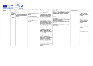 Unit 2:
What to do with
the pictures?
5 hours of
manda-
tory mini-
mum ded-
ication.
1 week
• To know about the possibi-
lities offered to treat your
pictures
• Discover Internet web sites
that offer on-line sharing of
pictures
• To learn to storage the
digital pictures
• To learn how to enjoy the
pictures
• To learn how to share
pictures on-line by creating a
Flickr account and
familiarizing with this web
2.0 tool
The unit focuses on the ways
to take best advantage of
one’s digital pictures.
The students learn about the
different techniques used to
download images from the
camera to the computer, as
well as on various types of
devices / supports (CD Rom,
USB stick, external disc, etc.).
At this level, they can learn in a
practical way the possibilities
to save their pictures under an
appropriate format (see extra
resources).
The students familiarize with
ways to storage their own
pictures: different possibilities
are presented.
Finally, the students learn
about a new way to enjoy
one’s picture, by discovering a
web 2.0 on-line tool that
enables to share the pictures
on-line. The students learn
about this on-line tool called
Flickr and learn how to create
their own on-line Flickr
account.
Reading 1: “Que faire avec ses photos?”
[What to do with our pictures? The reading
presents all the existing ways to download,
storage, develop and share the pictures]
------------
Extra-URL 1: Picasa application
Extra-URL 2: Tutorial on the formats to save
pictures on the computer
Extra-URL 3: Tutorial to lighten the weight
of pictures
Extra-URL 4: Panodia application to make
photo creation
Students and tutors • Task 1 : Exercise :
Create a Flickr account
• Task 2 : Exercise :
Upload your pictures
on Flickr
• Task 3 : Exercise :
Create an Internet
address to access your
Flickr account and
pictures
• Task 4 : Forum :
« what to do with our
pictures ? »
Self Evaluation Unit 2
 