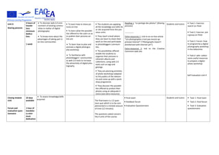 Unit 4:
Sharing pictures
5 hours of
manda-
tory
minimum
dedica-
tion.
1 week
• To discover web 2.0 envi-
ronment of existing commu-
nities in matter of digital
photography
• To know more about the
advantages of taking part in
on-line communities
• To learn how to share pic-
tures on-line
• To learn what the possibili-
ties offered to the users so as
to publish their pictures on-
line are
• To learn how to plan and
animate a digital photogra-
phy workshop
• To familiarize with
photobloggers’ communities
as web 2.0 tools to increase
the attractivity of digital pho-
tography
• The students are applying
all the knowledge and skills he
or she acquired from the pre-
vious units:
• They reach a level where
they can learn to share their
work on-line and participate
in photobloggers communi-
ties.
• The possibilities offered
enable the students to
organize their pictures in
coherent albums and
collections, using web 2.0
tools such as tags and
geotags.
• They are planning activities
of photo workshops adapted
to the publics of the telecen-
tre and come up with a work-
shop programme.
• They discover the possibili-
ties offered to protect their
photos using an adequate li-
cence (see extra-resource).
Reading 1: “Le partage des photos” [Sharing
pictures]
-------------
Extra-resources 1: Link to an on-line article
“Les photographes n’ont pas encore ap-
privoisé Internet” [“Photographs haven’t
familiarized with Internet yet”].
Extra-resources 2: link to the Creative
Commons web site.
Students and tutors • Task 1: Exercice:
search on Flickr
• Task 2: Exercise: join
a group on Flickr
• Task 3: Forum: how
to programme a digital
photography workshop
in the telecentre
• Task 4: wiki: collect
some useful resources
to prepare a digital
photo workshop
Self Evaluation Unit 4
Closing module
Unit
Forum and
evaluation ques-
tionnaire
10 days
available
1 hour of
mandato-
ry mini-
mum
dedication
• To assess knowledge/skills
acquired
The final exam is a 12 ques-
tions quiz which is to be com-
plemented in a limited amount
of time (12 minutes).
The questions asked concern
the 4 units of the course.
• Final exam
• Feedback forum
• Evaluation Questionnaire
Students and tutors • Task 1: Final Exam
• Task 2: Final forum
• Task 3: Evaluation
questionnaire
 