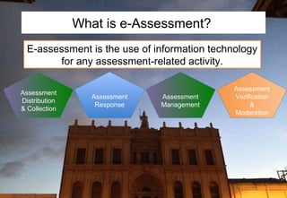 What is e-Assessment?
E-assessment is the use of information technology
for any assessment-related activity.
Assessment
Distribution
& Collection

Assessment
Response

Assessment
Management

Assessment
Verification
&
Moderation

 