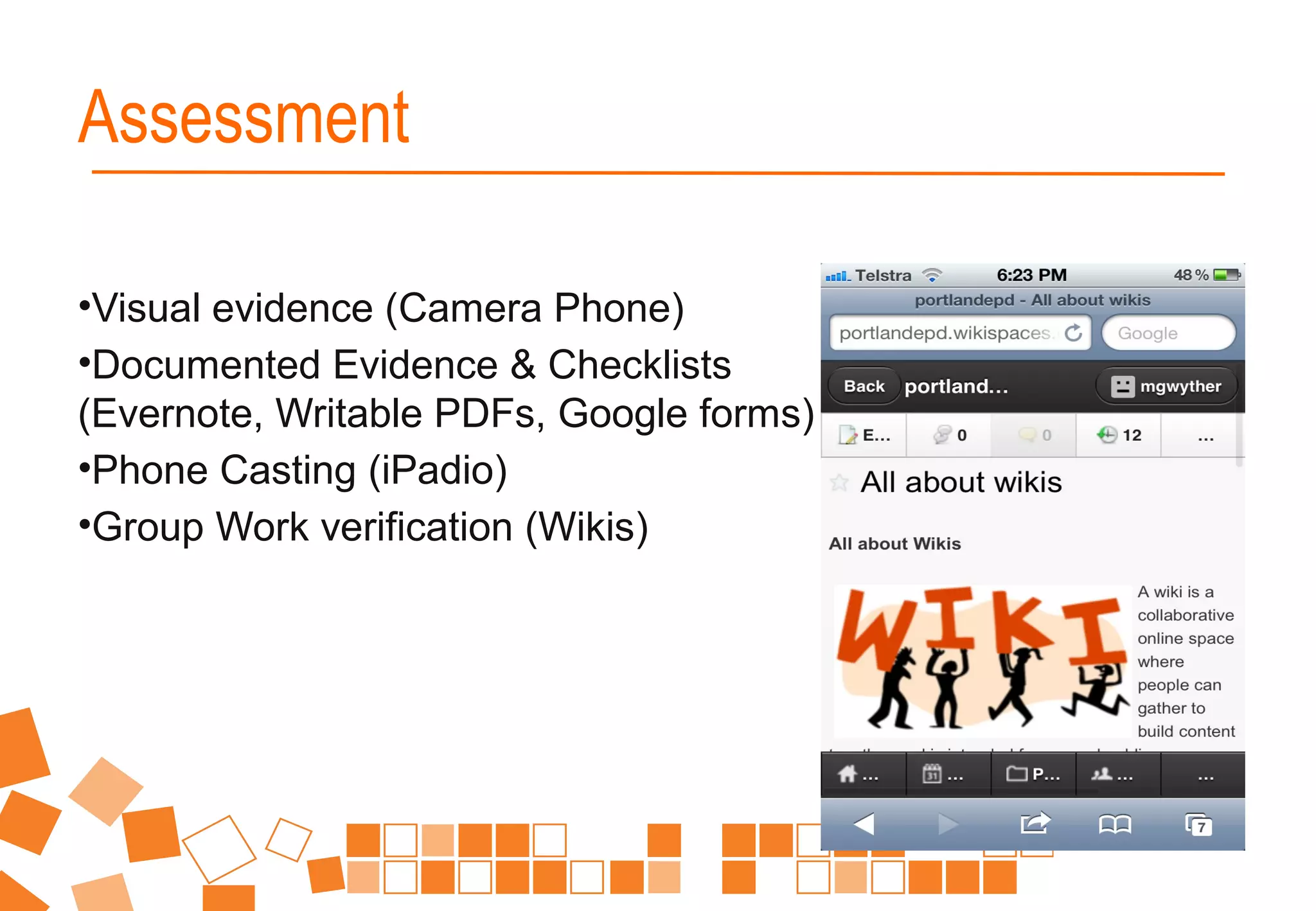 •Visual evidence (Camera Phone)
•Documented Evidence & Checklists
(Evernote, Writable PDFs, Google forms)
•Phone Casting (iPadio)
•Group Work verification (Wikis)
Assessment
 