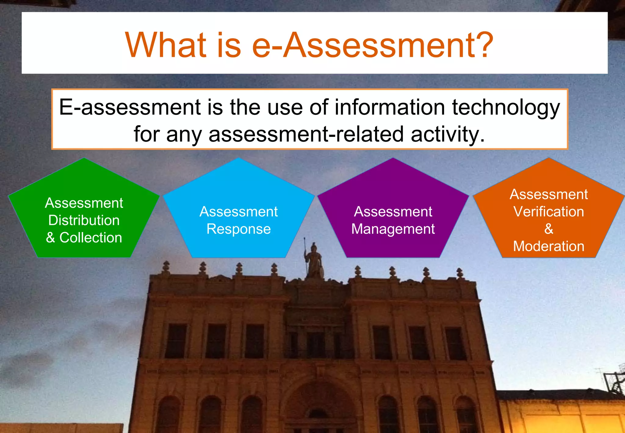 What is e-Assessment?
E-assessment is the use of information technology
for any assessment-related activity.
Assessment
Distribution
& Collection
Assessment
Distribution
& Collection
Assessment
Response
Assessment
Response
Assessment
Management
Assessment
Management
Assessment
Verification
&
Moderation
Assessment
Verification
&
Moderation
 