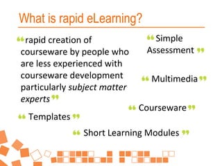 What is rapid eLearning?
rapid creation of
courseware by people who
are less experienced with
courseware development
particularly subject matter
experts
Templates

Simple
Assessment
Multimedia
Courseware

Short Learning Modules

 