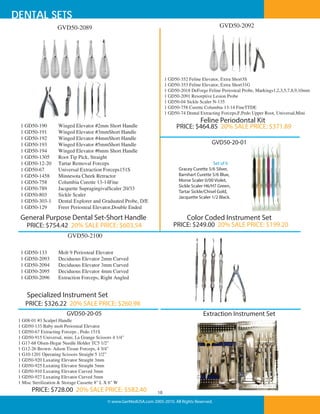DENTAL SETS
GVD50-2092

GVD50-2089

1 GD50-352 Feline Elevator, Extra Short3S
1 GD50-353 Feline Elevator, Extra Short31G
1 GD50-2018 DeForge Feline Periosteal Probe, Markings1,2,3,5,7,8,9,10mm
1 GD50-2091 Resorptive Lesion Probe
1 GD50-04 Sickle Scaler N-135
1 GD50-758 Curette Columbia 13-14 FineTTDE
1 GD50-74 Dental Extracting Forceps,F,Pedo Upper Root, Universal,Mini

1 GD50-190
1 GD50-191
1 GD50-192
1 GD50-193
1 GD50-194
1 GD50-1305
1 GD50-12-20
1 GD50-67
1 GD50-1458
1 GD50-758
1 GD50-789
1 GD50-803
1 GD50-303-1
1 GD50-129

Feline Periodontal Kit

Winged Elevator #2mm Short Handle
Winged Elevator #3mmShort Handle
Winged Elevator #4mmShort Handle
Winged Elevator #5mmShort Handle
Winged Elevator #6mm Short Handle
Root Tip Pick, Straight
Tartar Removal Forceps
Universal Extraction Forceps151S
Minnesota Cheek Retractor
Columbia Curette 13-14Fine
Jacquette SupragingivalScaler 20/33
Sickle Scaler
Dental Explorer and Graduated Probe, D/E
Freer Periosteal Elevator,Double Ended

PRICE: $464.85 20% SALE PRICE: $371.89
GVD50-20-01

Set of 6
Gracey Curette 5/6 Silver,
Barnhart Curette 5/6 Blue,
Morse Scaler 0/00 Violet,
Sickle Scaler H6/H7 Green,
Tartar Sickle/Chisel Gold,
Jacquette Scaler 1/2 Black.

General Purpose Dental Set-Short Handle

Color Coded Instrument Set

PRICE: $754.42 20% SALE PRICE: $603.54

PRICE: $249.00 20% SALE PRICE: $199.20

GVD50-2100
1 GD50-133
1 GD50-2093
1 GD50-2094
1 GD50-2095
1 GD50-2096

Molt 9 Periosteal Elevator
Deciduous Elevator 2mm Curved
Deciduous Elevator 3mm Curved
Deciduous Elevator 4mm Curved
Extraction Forceps, Right Angled

Specialized Instrument Set
PRICE: $326.22 20% SALE PRICE: $260.98
GVD50-20-05

Extraction Instrument Set

1 G08-01 #3 Scalpel Handle
1 GD50-133 Baby molt Periosteal Elevator
1 GD50-67 Extracting Forceps , Pedo 151S
1 GD50-915 Universal, mini, La Grange Scissors 4 1/4"
1 G17-68 Olsen-Hegar Needle Holder TC5 1/2"
1 G12-26 Brown- Adson Tissue Forceps, 4 3/4"
1 G10-1201 Operating Scissors Straight 5 1/2”
1 GD50-920 Luxating Elevator Straight 3mm
1 GD50-925 Luxating Elevator Straight 5mm
1 GD50-910 Luxating Elevator Curved 3mm
1 GD50-927 Luxating Elevator Curved 5mm
1 Misc Sterilization & Storage Cassette 8" L X 6" W

PRICE: $728.00 20% SALE PRICE: $582.40

10

© www.GerMedUSA.com 2005-2010. All Rights Reserved.

 