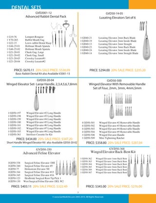 DENTAL SETS
GVD2001-12

GVD50-14-05

Advanced Rabbit Dental Pack

1 G19-76
1 V70-265
1 G22-15
1 G46-25-01
1 G46-25-02
1 G21-20-01
1 G21-20-02
1 G21-20-03
1 G21-20-04

Luxating Elevators Set of 6

Lempert-Rongeur
Rabbit Mouth Gag
Lewis rabbit Dental Rasp
Hollman Mouth Spatula
Hollman Mouth Spatula
Cheek Gag, Large
Cheek Gag, Small
Crossley Luxator#1
Crossley Luxator#2

1 GD40-21
1 GD40-19
1 GD40-13
1 GD40-23
1 GD40-24
1 GD40-14

PRICE: $670.11 20% SALE PRICE: $536.09

Luxating Elevator 2mm Back Blade
Luxating Elevator 2mm Inside Blade
Luxating Elevator 2mm Straight
Luxating Elevator 3mm Back Blade
Luxating Elevator 3mm Inside Blade
Luxating Elevator 3mm Straight Blade

PRICE: $294.00 20% SALE PRICE: $235.20

Basic Rabbit Dental Kit also Available V2001-13

GVD50-20-04

GVD50-500

Winged Elevator Set- Large Handle, 2,3,4,5,6,7,8mm

1 GD50-197
1 GD50-198
1 GD50-199
1 GD50-180
1 GD50-181
1 GD50-182
1 GD50-183
1 GD50-361

Winged Elevator With Removable Handle
Set of Four, 2mm, 3mm, 4mm,5mm

Winged Elevator #2 Long Handle
Winged Elevator #3 Long Handle
Winged Elevator #4 Long Handle
Winged Elevator #5 Long Handle
Winged Elevator #6 Long Handle
Winged Elevator #7 Long Handle
Winged Elevator #8 Long Handle
Sterilizer Cassette for Kit

4 GD50-501
4 GD50-502
4 GD50-503
4 GD50-504
1 GD50-508
1 GD50-509

PRICE: $434.00 20% SALE PRICE: $347.20
Short Handle Winged Elevator Kit also Available GD50-20-02

PRICE: $358.80 20% SALE PRICE: $287.04
GVD50-368

GVD50-350

Winged Elevator Back-Bent Kit

Advanced Feline Elevator
1GD50-338
1GD50-340
1GD50-77
1GD50-344
1GD50-345
1GD50-123
1GD50-130

Winged Elevator #2 Removable Handle
Winged Elevator #3 Removable Handle
Winged Elevator #4 Removable Handle
Winged Elevator #5 Removable Handle
Winged Elevator Handle
Mini Tightening Ratchet

1 GD50-362
1 GD50-363
1 GD50-364
1 GD50-365
1 GD50-369
1 GD50-367

Surgical Feline Elevator 100G
Surgical Feline Elevator #5
Holmstrom Elevator 5H
Surgical Feline Elevator #15
Surgical Feline Elevator #16
Heidbrink Surgical Root Tip Pick 1
West Surgical Feline Elevator DEL W2

PRICE: $403.11 20% SALE PRICE: $322.49

Winged Elevator 1mm Back Bent
Winged Elevator 2mm Back Bent
Winged Elevator 3mm Back Bent
Winged Elevator 4mm Back Bent
Winged Elevator 6mm Back Bent
Winged Elevator 8mm Back Bent

PRICE: $345.00 20% SALE PRICE: $276.00
7

© www.GerMedUSA.com 2005-2010. All Rights Reserved.

 