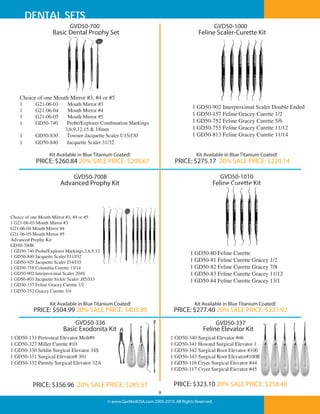 DENTAL SETS
GVD50-700

GVD50-1000

Basic Dental Prophy Set

Feline Scaler-Curette Kit

Choice of one Mouth Mirror #3, #4 or #5
1
1
1
1

G21-06-03
G21-06-04
G21-06-05
GD50-740

1
1

GD50-830
GD50-840

Mouth Mirror #3
Mouth Mirror #4
Mouth Mirror #5
Probe/Explorer Combination Markings
3,6,9,12,15 & 18mm
Towner-Jacquette Scaler U15/J30
Jacquette Scaler 31/32

1 GD50-902 Interproximal Scaler Double Ended
1 GD50-157 Feline Gracey Curette 1/2
1 GD50-752 Feline Gracey Curette 5/6
1 GD50-755 Feline Gracey Curette 11/12
1 GD50-813 Feline Gracey Curette 11/14

Kit Available in Blue Titanium Coated!

Kit Available in Blue Titanium Coated!

PRICE: $275.17 20% SALE PRICE: $220.14

PRICE: $260.84 20% SALE PRICE: $208.67
GVD50-700B

GVD50-1010

Advanced Prophy Kit

Feline Curette Kit

Choice of one Mouth Mirror #3, #4 or #5
1 G21-06-03 Mouth Mirror #3
G21-06-04 Mouth Mirror #4
G21-06-05 Mouth Mirror #5
Advanced Prophy Kit
GD50-700B
1 GD50-740 Probe/Explorer Markings,3,6,9,12,
1 GD50-840 Jacquette Scaler J31/J32
1 GD50-929 Jacquette Scaler J34/J35
1 GD50-758 Columbia Curette 13/14
1 GD50-902 Interproximal Scaler 204S
1 GD50-803 Jacquette Sickle Scaler ,H5/J33
1 GD50-157 Feline Gracey Curette 1/2
1 GD50-752 Gracey Curette 3/4

1 GD50-80 Feline Curette
1 GD50-81 Feline Curette Gracey 1/2
1 GD50-82 Feline Curette Gracey 7/8
1 GD50-83 Feline Curette Gracey 11/12
1 GD50-84 Feline Curette Gracey 13/1

Kit Available in Blue Titanium Coated!

Kit Available in Blue Titanium Coated!

PRICE: $504.99 20% SALE PRICE: $403.99

PRICE: $277.40 20% SALE PRICE: $221.92

GVD50-336

GVD50-337

Basic Exodonita Kit

Feline Elevator Kit

1 GD50-133 Periosteal Elevator Molt#9
1 GD50-327 Miller Curette #10
1 GD50-330 Seldin Surgical Elevator 34S
1 GD50-331 Surgical Elevator# 301
1 GD50-332 Parmly Surgical Elevator 32A

1 GD50-340 Surgical Elevator #46
1 GD50-341 Howard Surgical Elevator 1
1 GD50-342 Surgical Root Elevator #100
1 GD50-343 Surgical Root Elevator#100R
1 GD50-116 Cryer Surgical Elevator #44
1 GD50-117 Cryer Surgical Elevator #45

PRICE: $323.10 20% SALE PRICE: $258.48

PRICE: $356.96 20% SALE PRICE: $285.57
8

© www.GerMedUSA.com 2005-2010. All Rights Reserved.

 