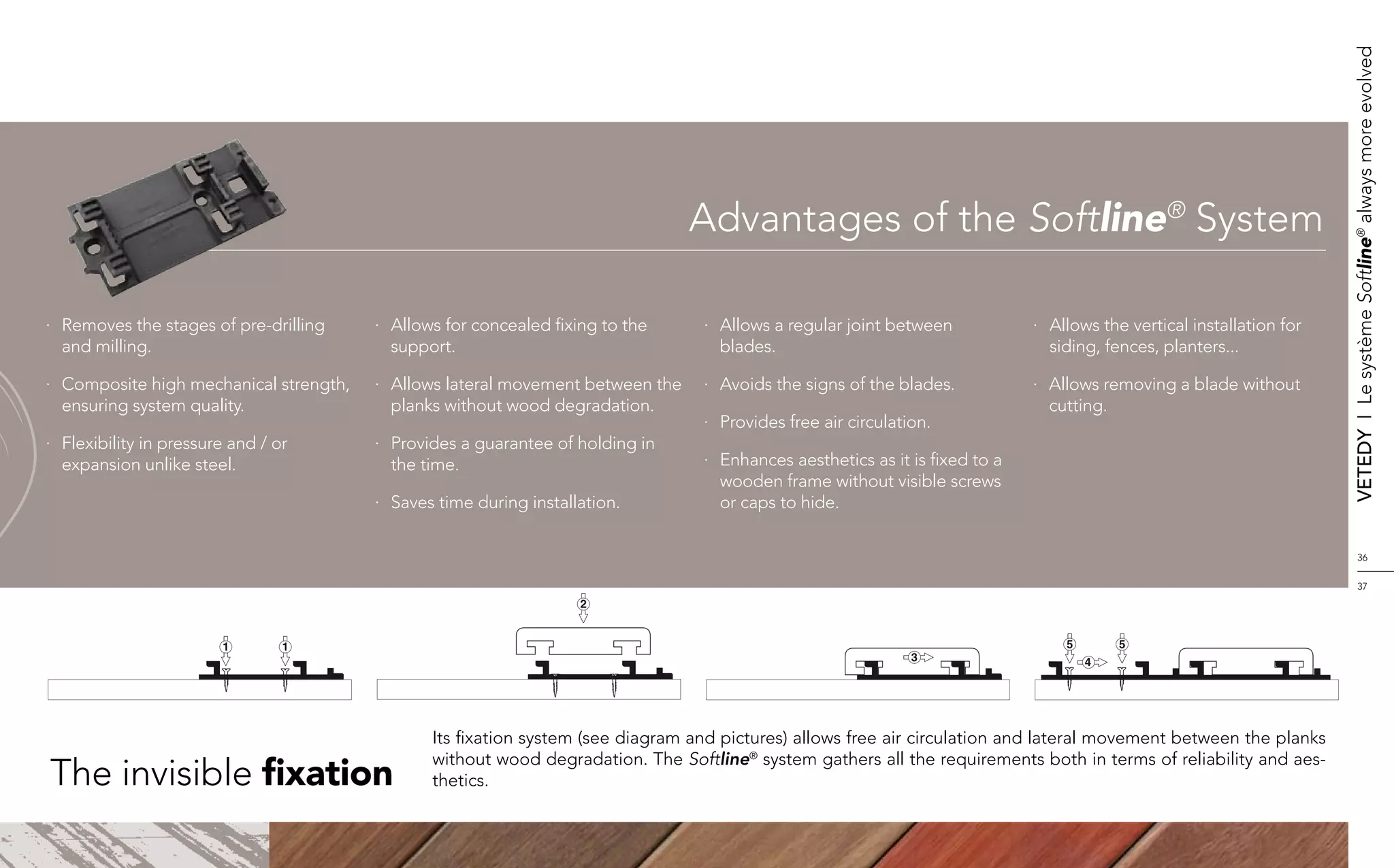 Vetedy    I    Le système Softline® always more evolved
                                                                                Advantages of the Softline® System

·	Removes the stages of pre-drilling    ·	Allows for concealed fixing to the     ·	Allows a regular joint between            ·	Allows the vertical installation for
  and milling.                            support.                                 blades.                                     siding, fences, planters...

·	Composite high mechanical strength,   ·	Allows lateral movement between the    ·	Avoids the signs of the blades.           ·	Allows removing a blade without
  ensuring system quality.                planks without wood degradation.                                                     cutting.
                                                                                 ·	 Provides free air circulation.
·	 Flexibility in pressure and / or     ·	 Provides a guarantee of holding in
   expansion unlike steel.                 the time.                             ·	Enhances aesthetics as it is fixed to a
                                                                                   wooden frame without visible screws
                                        ·	Saves time during installation.          or caps to hide.

                                                                                                                                                                                36


                                                                                                                                                                                37




                                               Its fixation system (see diagram and pictures) allows free air circulation and lateral movement between the planks
                                               without wood degradation. The Softline® system gathers all the requirements both in terms of reliability and aes-
The invisible fixation                         thetics.
 