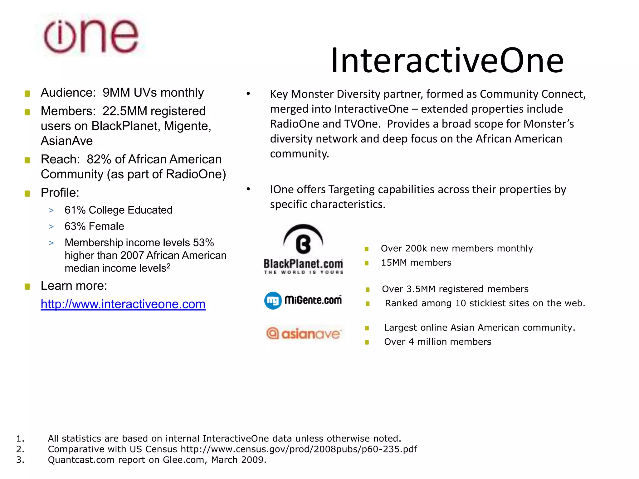 InteractiveOne
     Audience: 9MM UVs monthly                  •     Key Monster Diversity partner, formed as Community Connect,
     Members: 22.5MM registered                       merged into InteractiveOne – extended properties include
     users on BlackPlanet, Migente,                   RadioOne and TVOne. Provides a broad scope for Monster’s
     AsianAve                                         diversity network and deep focus on the African American
     Reach: 82% of African American                   community.
     Community (as part of RadioOne)
     Profile:                                   •     IOne offers Targeting capabilities across their properties by
      >   61% College Educated
                                                      specific characteristics.
      >   63% Female
      >   Membership income levels 53%
                                                                              Over 200k new members monthly
          higher than 2007 African American
                                                                              15MM members
          median income levels2
     Learn more:                                                              Over 3.5MM registered members
     http://www.interactiveone.com                                             Ranked among 10 stickiest sites on the web.

                                                                              Largest online Asian American community.
                                                                              Over 4 million members




1.    All statistics are based on internal InteractiveOne data unless otherwise noted.
2.    Comparative with US Census http://www.census.gov/prod/2008pubs/p60-235.pdf
3.    Quantcast.com report on Glee.com, March 2009.
 