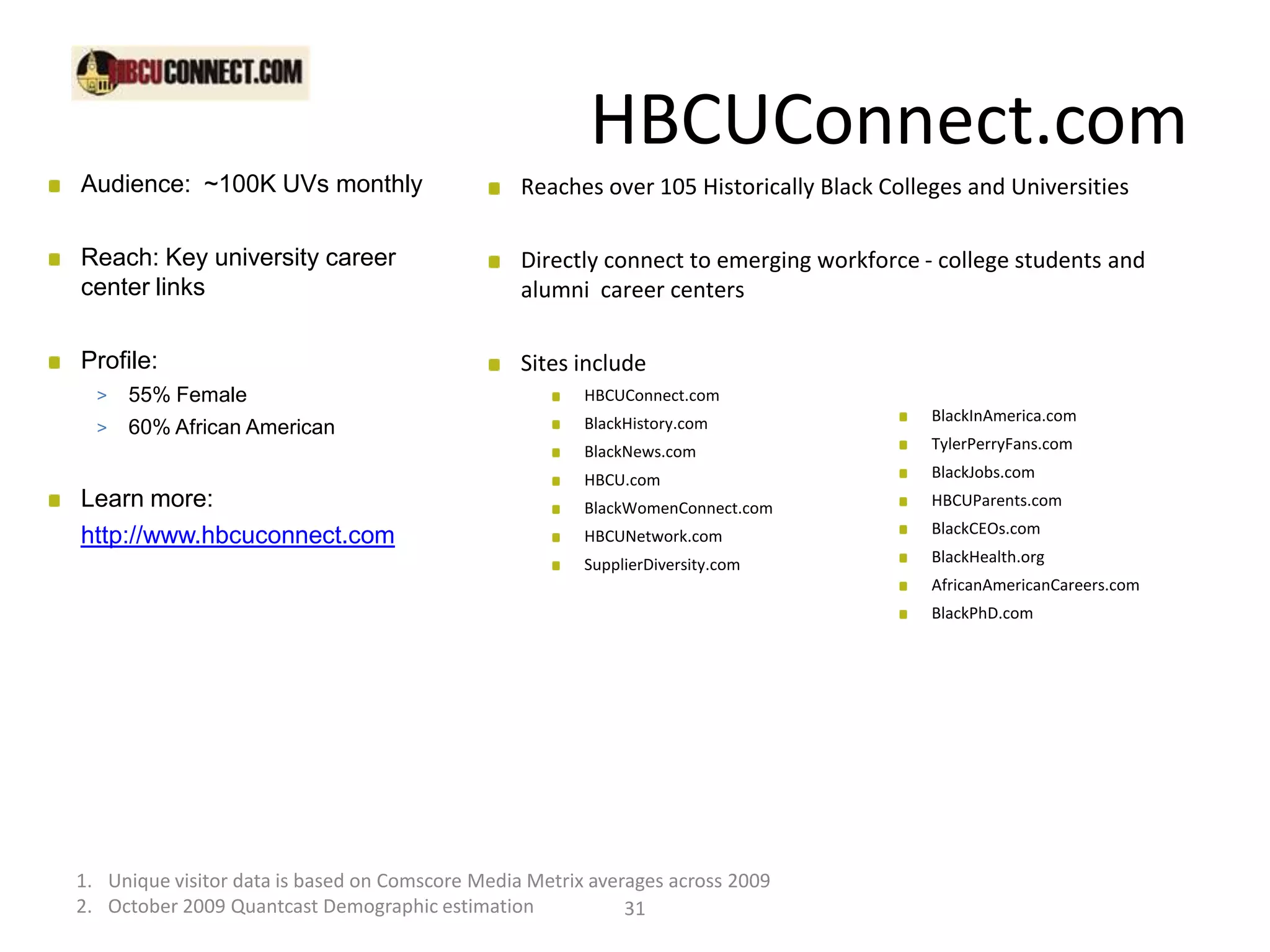 HBCUConnect.com
Audience: ~100K UVs monthly                      Reaches over 105 Historically Black Colleges and Universities

Reach: Key university career                     Directly connect to emerging workforce - college students and
center links                                     alumni career centers

Profile:                                         Sites include
  >   55% Female                                        HBCUConnect.com
                                                        BlackHistory.com                  BlackInAmerica.com
  >   60% African American
                                                        BlackNews.com                     TylerPerryFans.com

                                                        HBCU.com                          BlackJobs.com
Learn more:                                             BlackWomenConnect.com             HBCUParents.com
                                                                                          BlackCEOs.com
http://www.hbcuconnect.com                              HBCUNetwork.com
                                                        SupplierDiversity.com             BlackHealth.org
                                                                                          AfricanAmericanCareers.com
                                                                                          BlackPhD.com




1. Unique visitor data is based on Comscore Media Metrix averages across 2009
2. October 2009 Quantcast Demographic estimation             31
 