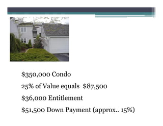 $350,000 Condo
25% of Value equals $87,500
$36,000 Entitlement
$51,500 Down Payment (approx.. 15%)
 