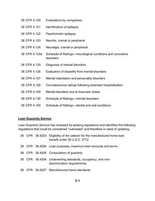 38 CFR 4.120      Evaluations by comparison

  38 CFR 4.121      Identification of epilepsy

  38 CFR 4.122      Psychomotor epilepsy

  38 CFR 4.123      Neuritis, cranial or peripheral

  38 CFR 4.124      Neuralgia, cranial or peripheral

  38 CFR 4.124a     Schedule of Ratings—neurological conditions and convulsive
                    disorders

  38 CFR 4.125      Diagnosis of mental disorders

  38 CFR 4.126      Evaluation of disability from mental disorders

  38 CFR 4.127      Mental retardation and personality disorders

  38 CFR 4.128      Convalescence ratings following extended hospitalization

  38 CFR 4.129      Mental disorders due to traumatic stress

  38 CFR 4.130      Schedule of Ratings—mental disorders

  38 CFR 4.150      Schedule of Ratings—dental and oral conditions



Loan Guaranty Service

Loan Guaranty Service has reviewed its existing regulations and identified the following
regulations that could be considered “outmoded” and therefore in need of updating.

 38 CFR 36.4203 Eligibility of the veteran for the manufactured home loan
                benefit under 38 U.S.C. 3712

 38 CFR 36.4204 Loan purposes, maximum loan amounts and terms

 38 CFR 36.4205 Computation of guaranty

 38 CFR 36.4206 Underwriting standards, occupancy, and non-
                discrimination requirements

 38 CFR 36.4207 Manufactured home standards


                                           B-4
 
