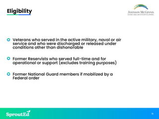 16
Eligibility
• Veterans who served in the active military, naval or air
service and who were discharged or released under
conditions other than dishonorable
• Former Reservists who served full-time and for
operational or support (excludes training purposes)
• Former National Guard members if mobilized by a
Federal order
 