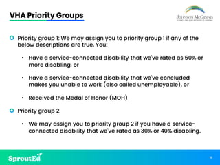 18
VHA Priority Groups
• Priority group 1: We may assign you to priority group 1 if any of the
below descriptions are true. You:
• Have a service-connected disability that we've rated as 50% or
more disabling, or
• Have a service-connected disability that we've concluded
makes you unable to work (also called unemployable), or
• Received the Medal of Honor (MOH)
• Priority group 2
• We may assign you to priority group 2 if you have a service-
connected disability that we've rated as 30% or 40% disabling.
 