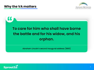 3
Why the VA matters
To care for him who shall have borne
the battle and for his widow, and his
orphan.
Abraham Lincoln’s second inaugural address (1865)
 