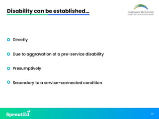 33
Disability can be established…
• Directly
• Due to aggravation of a pre-service disability
• Presumptively
• Secondary to a service-connected condition
 