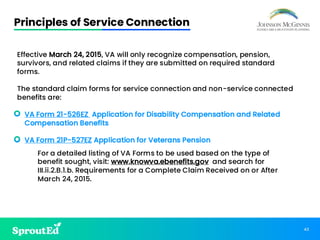 43
Principles of Service Connection
Effective March 24, 2015, VA will only recognize compensation, pension,
survivors, and related claims if they are submitted on required standard
forms.
The standard claim forms for service connection and non-service connected
benefits are:
• VA Form 21-526EZ Application for Disability Compensation and Related
Compensation Benefits
• VA Form 21P-527EZ Application for Veterans Pension
For a detailed listing of VA Forms to be used based on the type of
benefit sought, visit: www.knowva.ebenefits.gov and search for
III.ii.2.B.1.b. Requirements for a Complete Claim Received on or After
March 24, 2015.
 
