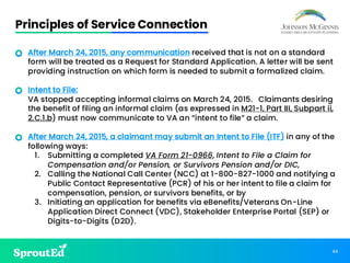 44
Principles of Service Connection
• After March 24, 2015, any communication received that is not on a standard
form will be treated as a Request for Standard Application. A letter will be sent
providing instruction on which form is needed to submit a formalized claim.
• Intent to File:
• VA stopped accepting informal claims on March 24, 2015. Claimants desiring
the benefit of filing an informal claim (as expressed in M21-1, Part III, Subpart ii,
2.C.1.b) must now communicate to VA an “intent to file” a claim.
• After March 24, 2015, a claimant may submit an Intent to File (ITF) in any of the
following ways:
1. Submitting a completed VA Form 21-0966, Intent to File a Claim for
Compensation and/or Pension, or Survivors Pension and/or DIC,
2. Calling the National Call Center (NCC) at 1-800-827-1000 and notifying a
Public Contact Representative (PCR) of his or her intent to file a claim for
compensation, pension, or survivors benefits, or by
3. Initiating an application for benefits via eBenefits/Veterans On-Line
Application Direct Connect (VDC), Stakeholder Enterprise Portal (SEP) or
Digits-to-Digits (D2D).
 