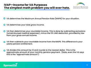 56
IVAP—Income for VA Purposes
The simplest math problem you will ever hate.
• VA determines the Maximum Annual Pension Rate (MAPR) for your situation.
• VA determines your total gross income.
• VA then determines your countable income. This is done by subtracting exclusions
(unreimbursed medical expenses), minus the 5% UME deduction, provided by law
from your gross annual income.
• VA then subtracts your countable income from the MAPR. This difference is your
yearly pension entitlement.
• VA divides this amount by 12 and rounds to the nearest dollar. This is the
approximate amount of your monthly pension payment. (Note, even the VA says
this is the “approximate amount”)
 