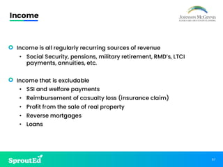 57
Income
• Income is all regularly recurring sources of revenue
• Social Security, pensions, military retirement, RMD’s, LTCI
payments, annuities, etc.
• Income that is excludable
• SSI and welfare payments
• Reimbursement of casualty loss (insurance claim)
• Profit from the sale of real property
• Reverse mortgages
• Loans
 