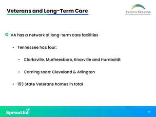 80
Veterans and Long-Term Care
• VA has a network of long-term care facilities
• Tennessee has four:
• Clarksville, Murfreesboro, Knoxville and Humboldt
• Coming soon: Cleveland & Arlington
• 153 State Veterans homes in total
 