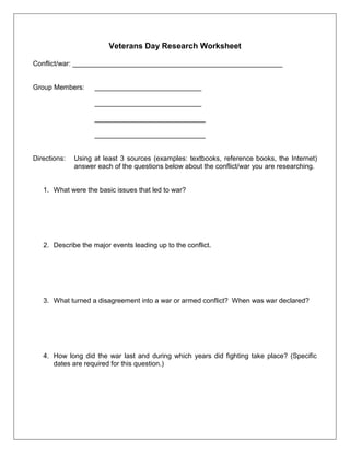 Veterans Day Research Worksheet
Conflict/war: _______________________________________________________
Group Members: ____________________________
____________________________
_____________________________
_____________________________
Directions: Using at least 3 sources (examples: textbooks, reference books, the Internet)
answer each of the questions below about the conflict/war you are researching.
1. What were the basic issues that led to war?
2. Describe the major events leading up to the conflict.
3. What turned a disagreement into a war or armed conflict? When was war declared?
4. How long did the war last and during which years did fighting take place? (Specific
dates are required for this question.)
 