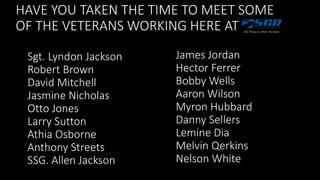 Sgt. Lyndon Jackson
Robert Brown
David Mitchell
Jasmine Nicholas
Otto Jones
Larry Sutton
Athia Osborne
Anthony Streets
SSG. Allen Jackson
HAVE YOU TAKEN THE TIME TO MEET SOME
OF THE VETERANS WORKING HERE AT
James Jordan
Hector Ferrer
Bobby Wells
Aaron Wilson
Myron Hubbard
Danny Sellers
Lemine Dia
Melvin Qerkins
Nelson White
 