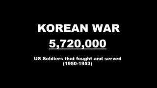 KOREAN WAR
5,720,000
US Soldiers that fought and served
(1950-1953)
 