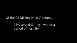 Of the 25 Million living Veterans…
75% served during a war or a
period of hostility
 