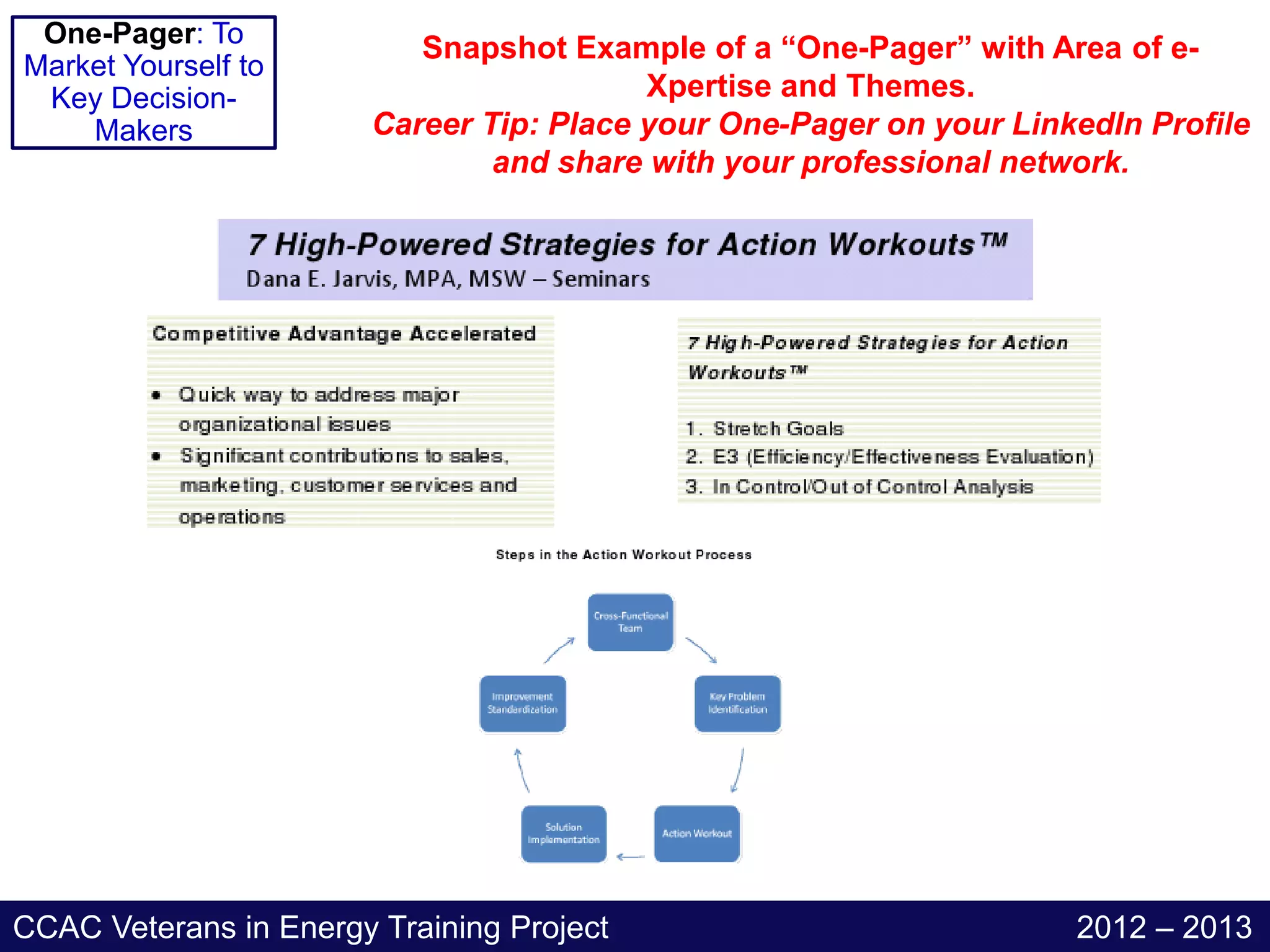 One-Pager: To             Snapshot Example of a “One-Pager” with Area of e-
Market Yourself to
 Key Decision-                            Xpertise and Themes.
    Makers              Career Tip: Place your One-Pager on your LinkedIn Profile
                                and share with your professional network.




CCAC Veterans in Energy Training Project                             2012 – 2013
 