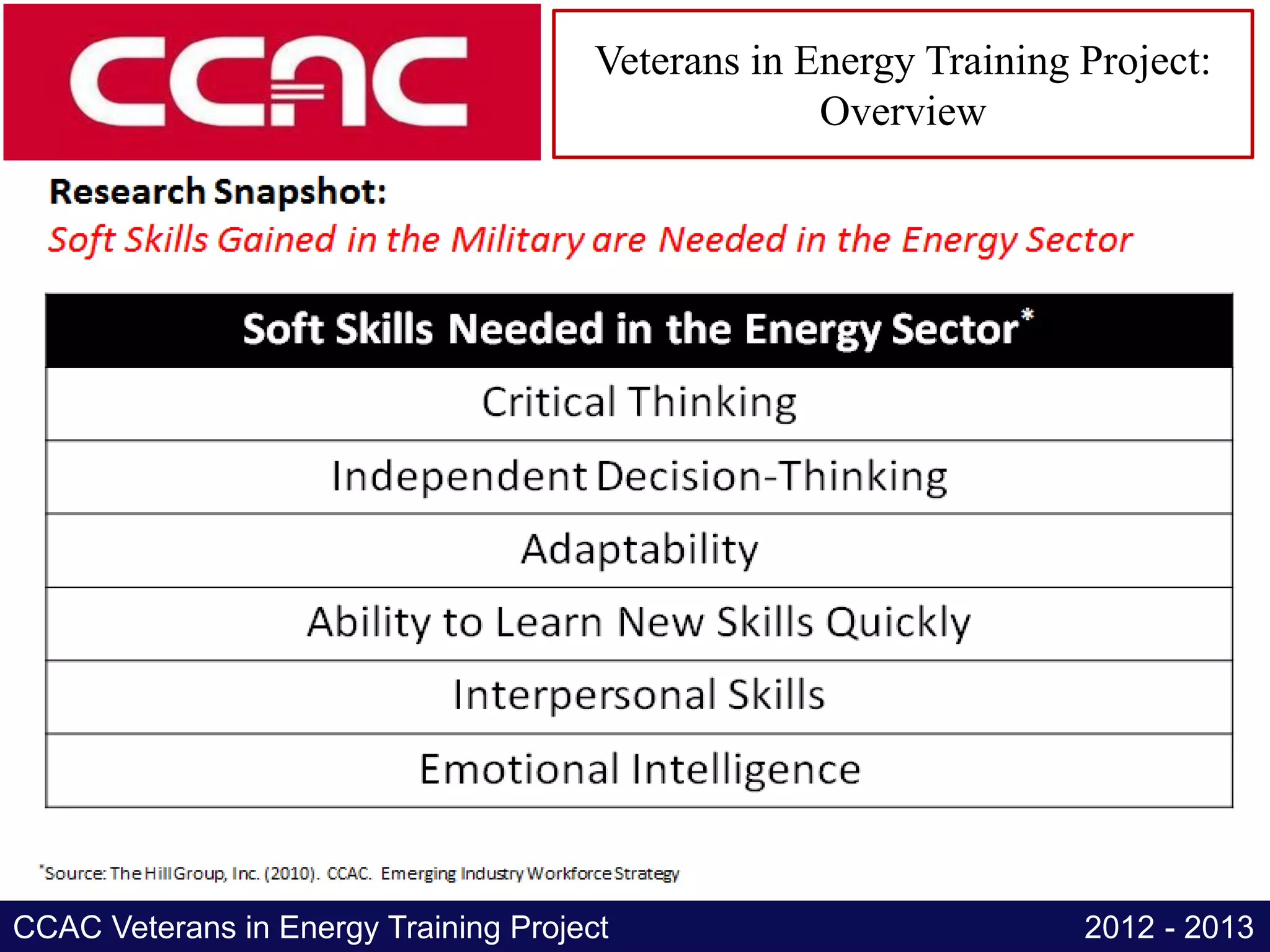 Veterans in Energy Training Project:
                                                    Overview




CCAC Veterans in Energy Training Project                           2012 - 2013
 