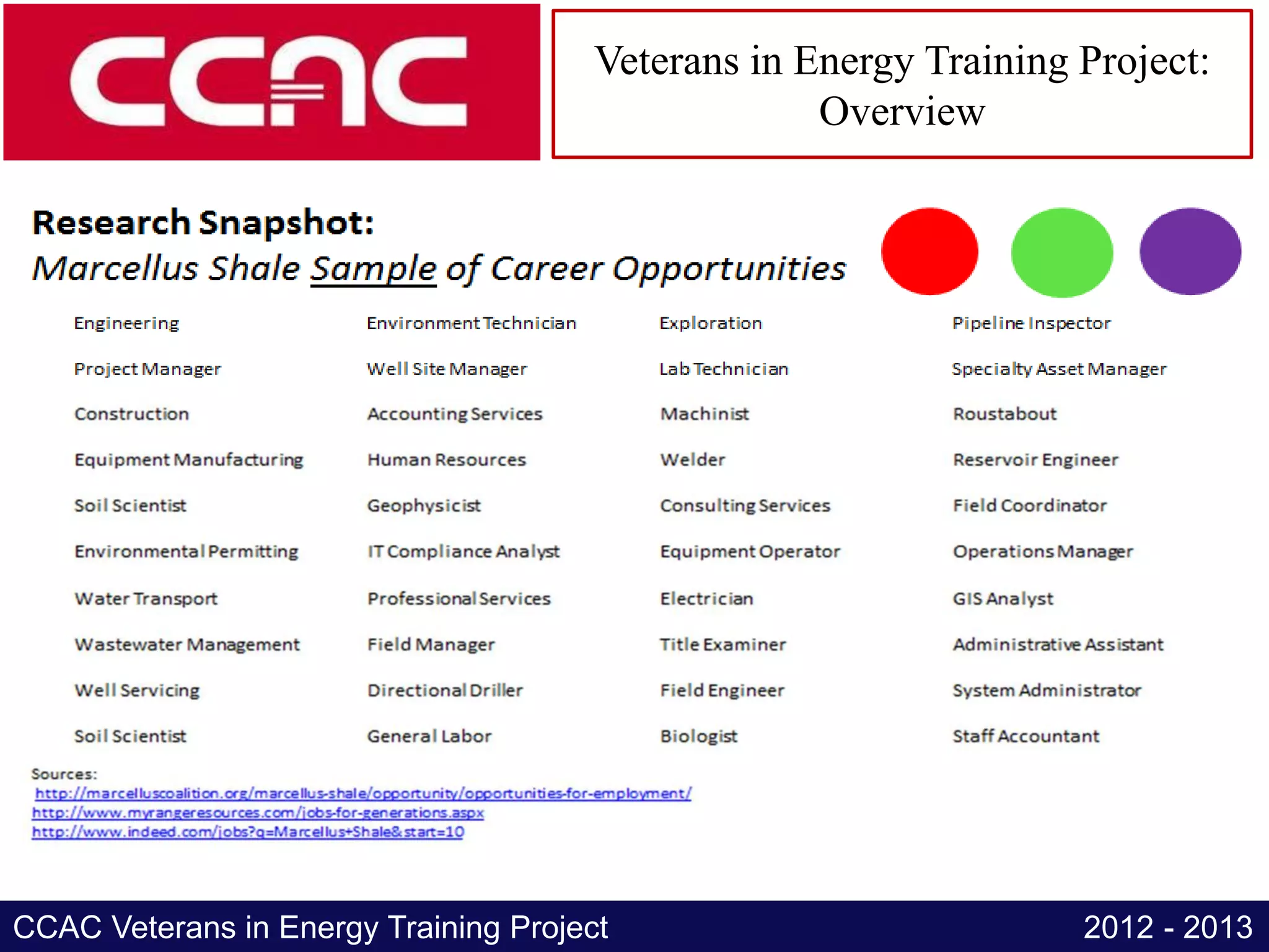 Veterans in Energy Training Project:
                                                    Overview




CCAC Veterans in Energy Training Project                           2012 - 2013
 