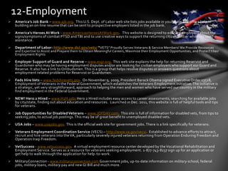  America’s Job Bank – www.ajb.org. This U.S. Dept. of Labor web site lists jobs available in your state and offers help in
building an on-line resume that can be sent to prospective employers listed in the job bank.
 America’s Heroes At Work - www.AmericasHeroesAtWork.gov. This website is designed to educate employers about the
signs/symptoms of combat PTSD and TBI and to use creative ways to support the returning citizen soldier who may need
assistance.
 Department of Labor: http://www.dol.gov/vets/ “VETS” Proudly Serves Veterans & Service Members! We Provide Resources
and Expertise to Assist and Prepare them to Obtain Meaningful Careers, Maximize their Employment Opportunities, and Protect t heir
Employment Rights.
 Employer Support of Guard and Reserve – www.esgr.org. This web site explains the help for returning Reservist and
Guardsmen who may be having employment disputes and/or are looking for civilian employers who support our Guard and
Reserve. It also has a link to Ombudsmen.This is a group that helps resolve disputes or answers questions about
employment related problems for Reservist or Guardsmen.
 Feds Hire Vets – www.fedshirevets.gov. On November 9, 2009, President Barack Obama signed Executive Order 13518,
Employment of Veterans in the Federal Government, which establishes the Veterans Employment Initiative.The Initiative is
a strategic, yet very straightforward, approach to helping the men and women who have served our country in the military
find employment in the Federal Government.
 NEW! Hero 2 Hired – www.H2H.jobs Hero 2 Hired includes easy access to career assessments, searching for available jobs
by city/state, finding out about education and resources. Launched in Dec. 2011, this website is full of helpful tools and tips
for veterans.
 Job Opportunities for Disabled Veterans – www.JOFDAV.com. This site is full of information for disabled vets, from tips to
seeking jobs, to actual job postings.This may be of great benefit to unemployed disabled vets.
 USA Jobs – www.usajobs.gov. This is the official web site for government jobs. There is a link specifically for veterans.
 Veterans Employment Coordination Service (VECS) – http://www.va.gov/vecs/. Established to advance efforts to attract,
recruit and hire veterans into the VA, particularly severely injured veterans returning from Operation Enduring Freedom and
Operation Iraqi Freedom.
 VetSuccess - www.vetsuccess.gov. A virtual employment resource center developed by the Vocational Rehabilitation and
Employment Service. Serves as a resource for veterans seeking employment. 1-877-743-8237 sign up for an application or
get help to walk through the application for help-to-work.
 MilitaryConnection - www.militaryconnection.com Government jobs, up-to-date information on military school, federal
jobs, military loans, military pay and new GI Bill and much more.
12-Employment
 