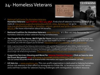  National Call Center for Homeless Veterans
Homeless Veterans 24/7 Hotline 1-877-424-3838. Find a list of veterans homeless assistance by
state at http://www.va.gov/homeless/docs/HCHV_Sites_ByState.pdf or go to
http://va.gov/homeless/help_a_homeless_veteran_general.asp?gclid=CJ6RqdSNtrECFQQJRQod
BD4ALA for more information about VA benefits.
 National Coalition for Homeless Veterans.www.nchv.org. or 1-800-vet-help Resources for
homeless veterans and/or veterans facing homelessness.
 You Fought for Our Home. We’ll Fight for Yours: Are you currently at risk of losing your housing? Are
you having trouble finding or holding a job? Do you have health issues that make it difficult to work? VA is here
to provide you with the support you’ve earned: http://www.va.gov/homeless/for_at_risk_veterans.asp
 HUD, in partnership with the Veterans Administration (VA) and the Department of Labor (DOL), implemented the
Veterans Homelessness Prevention Demonstration (VHPD).Through HUD housing assistance,VA case management
services, and DOL employment counseling, this three agency partnership provides combined services for veterans who
are at a high risk of becoming homeless: https://www.onecpd.info/vhpd/vhpd-sites-and-contact-information/
 Supportive Services (Housing and More) for Veteran Families Program: Click on here to view
the Grant Recipients 2013: http://www.va.gov/HOMELESS/docs/SSVF/2013_SSVF_Awards_Final_71113.pdf
You can contact those Non-Profs to receive further information and support (NATIONWIDE LISTING)
 US Vets Inc. – www.usvetsinc.org. This non-profit organization is dedicated to helping homeless
and at-risk veterans in their effort to reintegrate to civilian life. 12 locations across the nation
and a toll free number for veterans having challenges with reintegration. Excellent resource.
24- HomelessVeterans
 