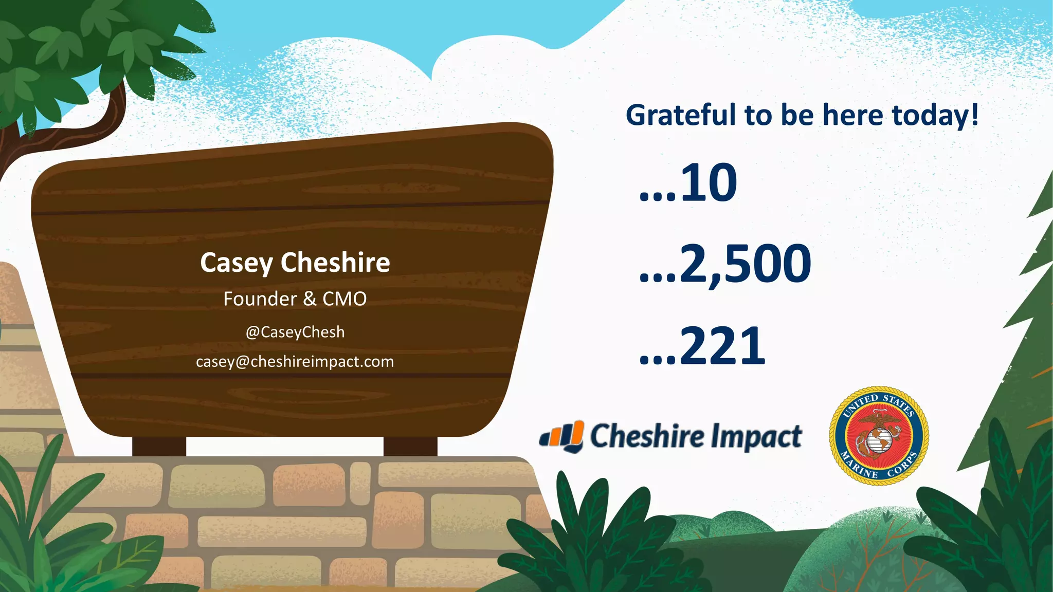 Casey Cheshire
Founder & CMO
@CaseyChesh
casey@cheshireimpact.com
…10
…2,500
…221
Grateful to be here today!
 
