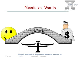 Needs vs. Wants

11/11/2013

*Retirement income should not be included when negotiating for salary during the
interview
Copyright 2011 Cesar Nader

 