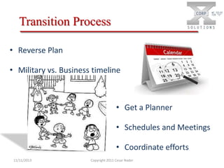 Transition Process
• Reverse Plan
• Military vs. Business timeline

• Get a Planner
• Schedules and Meetings
• Coordinate efforts
11/11/2013

Copyright 2011 Cesar Nader

 