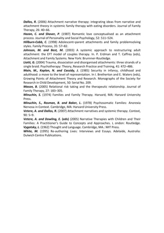Dallos,  R.  (2006)  Attachment  narrative  therapy:  integrating  ideas  from  narrative  and 
attachment theory in systemic family therapy with eating disorders. Journal of Family 
Therapy, 26: 40–66. 
Hazan,  C.  and  Shaver,  P.  (1987)  Romantic  love  conceptualised  as  an  attachment 
process. Journal of Personality and Social Psychology, 52: 511–524. 
Hillburn‐Cobb,  C.  (1998)  Adolescent–parent  attachments  and  family  problemsolving 
styles. Family Process, 35: 57–82. 
Johnson,  M.  and  Best,  M.  (2003)  A  systemic  approach  to  restructuring  adult 
attachment:  the  EFT  model  of  couples  therapy.  In.  P.  Erdman  and  T.  Caffrey  (eds), 
Attachment and Family Systems. New York: Brunnner‐Routledge. 
Liotti, G. (2004) Trauma, dissociation and disorganised attachments: three strands of a 
single braid. Psychotherapy: Theory, Research Practice and Training, 41: 472–486. 
Main,  M.,  Kaplan,  N.  and  Cassidy,  J.  (1985)  Security  in  infancy,  childhood  and 
adulthood: a move to the level of representation. In I. Bretherton and E. Waters (eds), 
Growing  Points  of  Attachment  Theory  and  Research.  Monographs  of  the  Society  for 
Research in Child Development, 50: Serial No. 209. 
Mason,  B.  (2005)  Relational  risk  taking  and  the  therapeutic  relationship.  Journal  of 
Family Therapy, 27: 183–305. 
Minuchin,  S.  (1974)  Families  and  Family  Therapy.  Harvard,  MA:  Harvard  University 
Press. 
Minuchin,  S.,  Rosman,  B.  and  Baker,  L.  (1978)  Psychosomatic  Families:  Anorexia 
Nervosa in Context. Cambridge, MA: Harvard University Press. 
Vetere, A. and Dallos, R. (2007) Attachment narratives and systemic therapy. Context, 
90: 5–9. 
Vetere,  A.  and  Dowling,  E.  (eds)  (2005)  Narrative  Therapies  with  Children  and  Their 
Families:  A  Practitioner’s  Guide  to  Concepts  and  Approaches.  L  ondon:  Routledge. 
Vygotsky, L. (1962) Thought and Language. Cambridge, MA.: MIT Press. 
White,  M.  (1995)  Re‐authoring  Lives:  Interviews  and  Essays.  Adelaide,  Australia: 
Dulwich Centre Publications. 
 
 
 
 