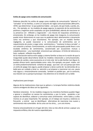  
 
Estilos de apego como modelos de comunicación 
 
Podemos  describir  los  estilos  de  apego  como  modelos  de  comunicación  “abiertos”  o 
“cerrados” en las familias, o como un conjunto de reglas comunicacionales (Minuchin, 
1974)  que determinan  lo que podemos hablar , con quien, de qué modo, cuando, etc, 
etc,.  Por ejemplo, en  los modelos de apego seguros, la expresión de los sentimientos 
positivos y negativos serán aceptados con gran probabilidad, además de reaccionar en 
su  presencia  con    reflexión  y  negociación  –  una  mezcla  de  respuestas  semánticas  y 
emocionales. Sin embargo, en los modelos de apego más inseguros, la comunicación 
puede incluir distorsiones en cuyo caso no podemos decir abiertamente o claramente 
como  nos  sentimos  y  qué  necesitamos.  Por  ejemplo,  con  un  modelo  familiar 
negligente,  se  puede  reaccionar  a  la  comunicación  de  sentimientos  con  el  
requerimiento de anular o negar estos  sentimientos y  “mantener la boca cerrada”, o  
con evitación y rechazo. Contrariamente, un estilo más preocupado puede llevar a una 
escalada  simétrica  de  sentimientos,  caracterizado  por  acusaciones  mutuas  y 
culpabilizaciones – una reactividad  emocional que sobrepasa  el limite de tolerancia y 
hace  cualquier  reflexión muy difícil.  
Así la intersección teórica entre apego y sistema familiar se basa en la noción de que la 
inseguridad  puede  desarrollarse  desde  los  modelos  relacionales  y  comunicacionales. 
Periodos de cambio, como escenarios en el ciclo vital  de la vida familiar (ver figura 1), 
pueden ofrecer tanto  oportunidades como  retos. Por ejemplo, una joven  madre  con 
un estilo predominantemente  evitativo de apego,  que está  con una pareja que tiene 
un estilo de apego más seguro, puede empezar a darse cuenta de  las demandas de su 
bebé para ser cuidado y tener su  atención y así empezar a reaccionar con una  pauta  
más segura y  emocionalmente conectada;  también es posible que , por lo contrario,  
esa relación con su pareja le provoque  mas deterioro en la relación con su bebé.  
 
 
Implicaciones para terapia 
 
Algunas de las implicaciones clave que se aplican a  la terapia familiar sistémica desde 
nuestra amalgama de ideas son las siguientes:  
 
Nombrar emociones.  En los modelos inseguros los miembros familiares pueden llegar 
a  ignorar  o  simplificar  en  exceso  los  sentimientos,  y  por  lo  tanto,    ayudarles  a  ser 
capaces de identificar, elaborar y comunicar estos sentimientos  entre todos y a ellos 
mismos es un paso importante. Por ejemplo, en el trabajo con trauma y violencia es 
frecuente    y  central      que  se  identifiquen    alternativas  de  reaccionar  mas  suaves  y 
sentimientos más vulnerables  de los unos con los otros, ,  y en uno mismo.  
 
Ponerse emocionalmente en el lugar del otro. Esto va más allá de animar y apoyar una 
respuesta enfática; dice de nuestra capacidad para  
 
 
 
 