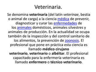 Veterinaria.
Se denomina veterinaria (del latín veterinae, bestia
o animal de carga) a la ciencia médica de prevenir,
diagnosticar y curar las enfermedades de
los animales domésticos, animales silvestres y
animales de producción. En la actualidad se ocupa
también de la inspección y del control sanitario de
los alimentos, la prevención de zoonosis. El
profesional que pone en práctica esta ciencia es
llamado médico cirujano
veterinario, veterinario o albéitar. El profesional
capacitado para la enfermería veterinaria es
llamado enfermero o técnico veterinario.

 