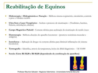 Reabilitação de Equinos Hidroterapia – Hidroginástica e Natação  – Melhora sistema respiratório, circulatório, controla o peso e fortalece tecidos Ultra-Som e Laser Terapêutico  - Acelera o processo de cicatrização – (Tendinites, bursites, fraturas, articulações, edemas) Campo Magnético Pulsátil  - Corrente elétrica para aceleração de cicatrização do tecido ósseo Eletroterapia  - Melhora afecções do aparelho locomotor - (promove resistência muscular e analgesia) Iontoforese  – Aplicação de drogas via corrente elétrica para diminuir inflamações do sistema locomotor) Termografia  – Identifica, através da temperatura, lesões de difícil diagnóstico -  U$ 10.000 Sessão: Entre R$ 50,00 e R$ 80,00 (dependendo da combinação de aparelhos) 