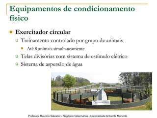 Equipamentos de condicionamento físico Exercitador circular   Treinamento controlado por grupo de animais Até 8 animais simultaneamente   Telas divisórias com sistema de estímulo elétrico Sistema de aspersão de água  