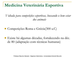 Medicina Veterinária Esportiva Voltada para competições esportivas, buscando o bem estar dos animais Competições Roma e Grécia(300 a.C) Existe há algumas décadas, fortalecendo na déc. de 80 (adaptação com técnicas humanas) 