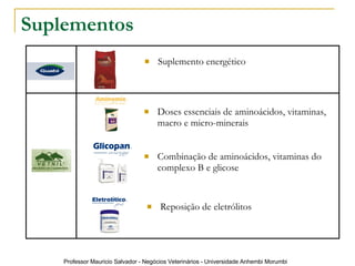 Suplemento energético Suplementos Doses essenciais de aminoácidos, vitaminas, macro e micro-minerais  Combinação de aminoácidos, vitaminas do complexo B e glicose  Reposição de eletrólitos 