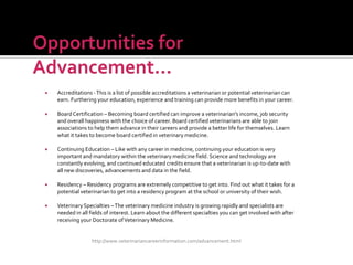 

Accreditations - This is a list of possible accreditations a veterinarian or potential veterinarian can
earn. Furthering your education, experience and training can provide more benefits in your career.



Board Certification – Becoming board certified can improve a veterinarian’s income, job security
and overall happiness with the choice of career. Board certified veterinarians are able to join
associations to help them advance in their careers and provide a better life for themselves. Learn
what it takes to become board certified in veterinary medicine.



Continuing Education – Like with any career in medicine, continuing your education is very
important and mandatory within the veterinary medicine field. Science and technology are
constantly evolving, and continued educated credits ensure that a veterinarian is up-to-date with
all new discoveries, advancements and data in the field.



Residency – Residency programs are extremely competitive to get into. Find out what it takes for a
potential veterinarian to get into a residency program at the school or university of their wish.



Veterinary Specialties – The veterinary medicine industry is growing rapidly and specialists are
needed in all fields of interest. Learn about the different specialties you can get involved with after
receiving your Doctorate of Veterinary Medicine.

http://www.veterinariancareerinformation.com/advancement.html

 