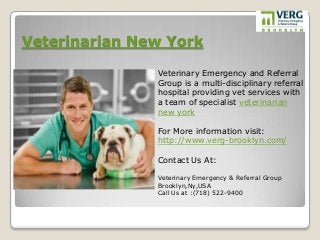 Veterinarian New York
Veterinary Emergency and Referral
Group is a multi-disciplinary referral
hospital providing vet services with
a team of specialist veterinarian
new york
For More information visit:
http://www.verg-brooklyn.com/
Contact Us At:
Veterinary Emergency & Referral Group
Brooklyn,Ny,USA
Call Us at :(718) 522-9400
 