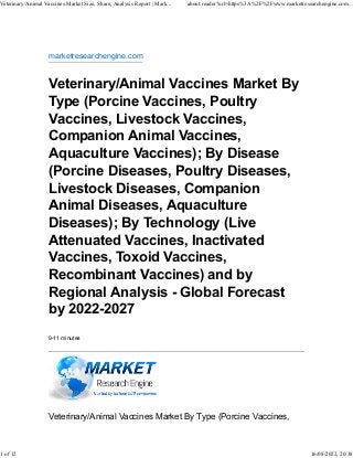 marketresearchengine.com
Veterinary/Animal Vaccines Market By
Type (Porcine Vaccines, Poultry
Vaccines, Livestock Vaccines,
Companion Animal Vaccines,
Aquaculture Vaccines); By Disease
(Porcine Diseases, Poultry Diseases,
Livestock Diseases, Companion
Animal Diseases, Aquaculture
Diseases); By Technology (Live
Attenuated Vaccines, Inactivated
Vaccines, Toxoid Vaccines,
Recombinant Vaccines) and by
Regional Analysis - Global Forecast
by 2022-2027
9-11 minutes
Veterinary/Animal Vaccines Market By Type (Porcine Vaccines,
Veterinary/Animal Vaccines Market Size, Share, Analysis Report | Mark... about:reader?url=https%3A%2F%2Fwww.marketresearchengine.com...
1 of 12 16/08/2022, 20:38
 