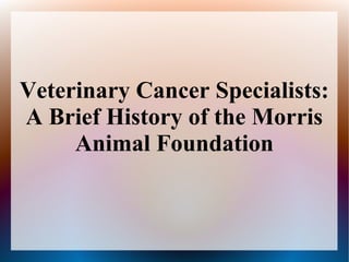 Veterinary Cancer Specialists:
A Brief History of the Morris
Animal Foundation
 